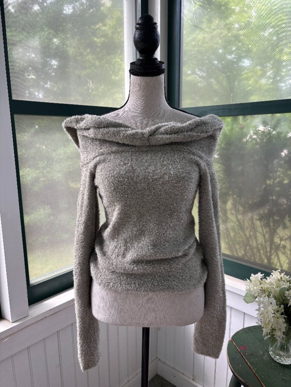 LOFT Grey Sparkle Fuzzy Off-Shoulder Sweater Small NWT